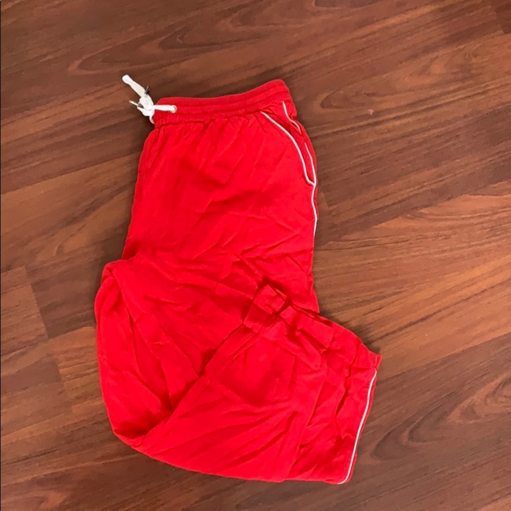 Red and white joggers. Very comfy